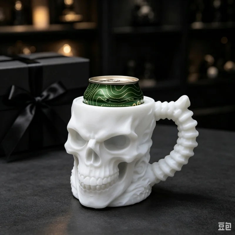 3D Printed Can Cooler Skull Beer Mug Holder Gothic Cup Sleeve with Spine Handle for Halloween Party Home Bar Desk Decor