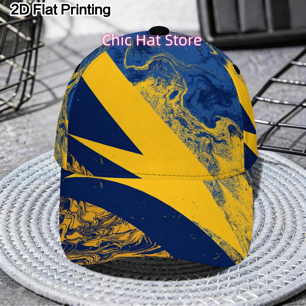 2D Flat-1pc Abstract Blue Yellow Swirls Printed Baseball Cap, Adjustable Duckbill Design, Sports Running Cap, Hand Washable or D