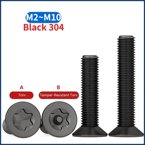 M2 - M10 Black 304 A2-70 Stainless Steel Six-Lobe Torx Flat Countersunk Head Screw / with Pin Tamper Proof Security Bolt