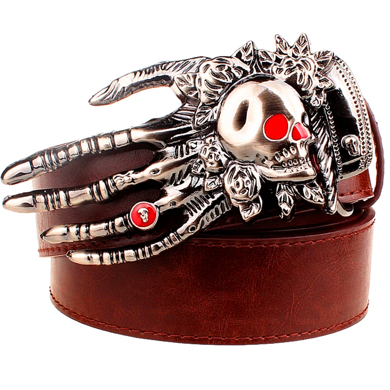 Big Skull Head Devil Red Eyes Metal Buckle Belt Leather Fashionable Waistband For Men