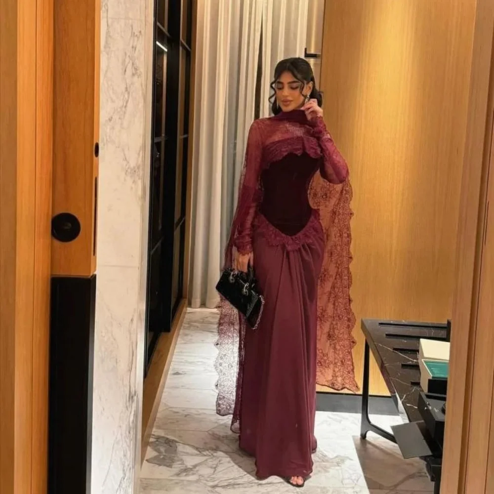 فستان سهرة مخصص برقبة عالية رائع بأكمام طويلة فساتين لحضور الحفلات الموسيقية Ruched مناسبة رسمية مزين بالدانتيل فستان حفلات رداء سواريه