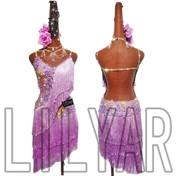 New Latin Dance Performance Competition Performance Costume Purple Tassel Three-Dimensional Embroidered Flashing Diamond