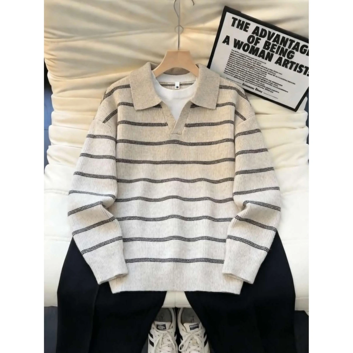 

Мужской повседневный свитер с V-образным вырезом, вязаный, с полосатым узором, осенне-зимний, модный, удобный, свободного кроя, из полиэфирного волокна