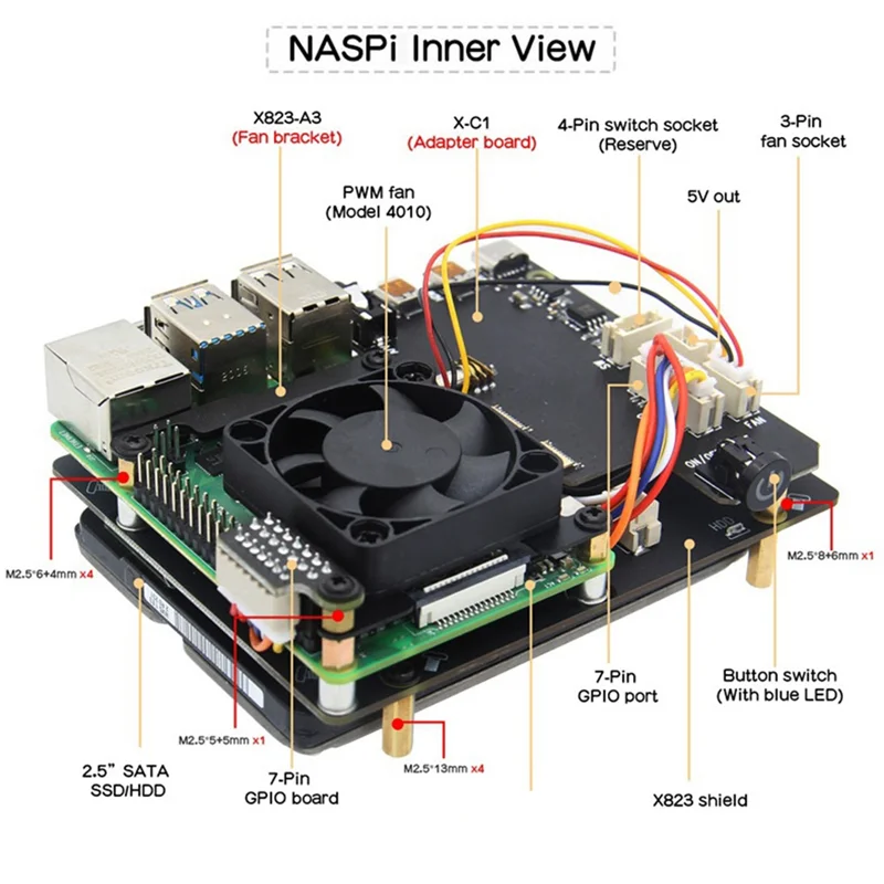 

Naspi Kit+Metal Case+X823 Expansion Board+X-C1 Board+PWM Fan For Raspberry Pie SATA HDD/SSD Hard Disk NAS Storage Server-POS