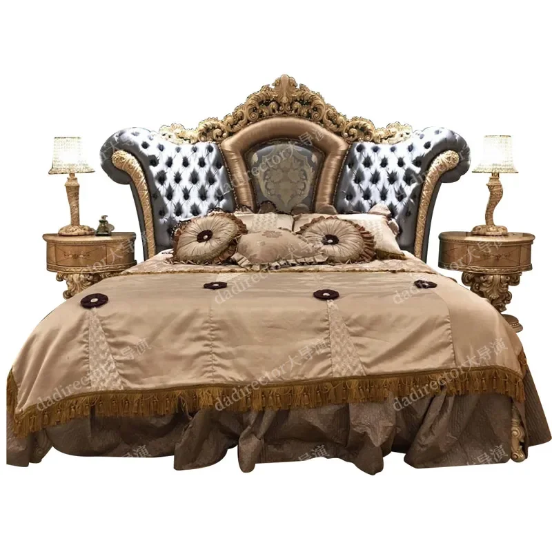 Court French Fabric Bed Villa Solid Wood Double Bed Luxury Gold Foil Princess Bed