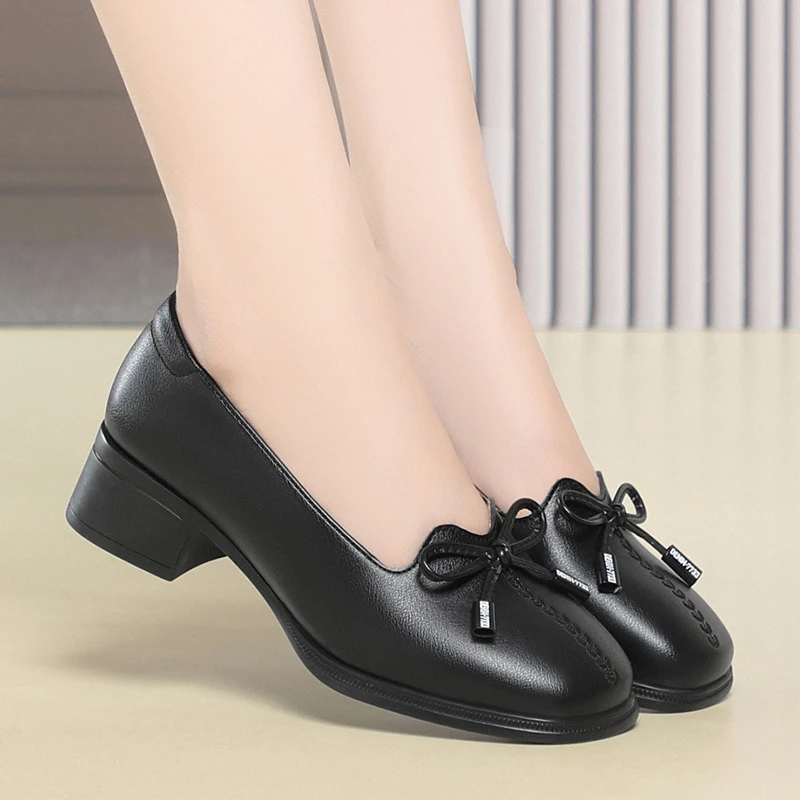 

Womens Black Leather Loafers With Bow Detail Low Block Heel Comfortable On Pumps Elegant Soft Leather Upper Non Slip Outsole