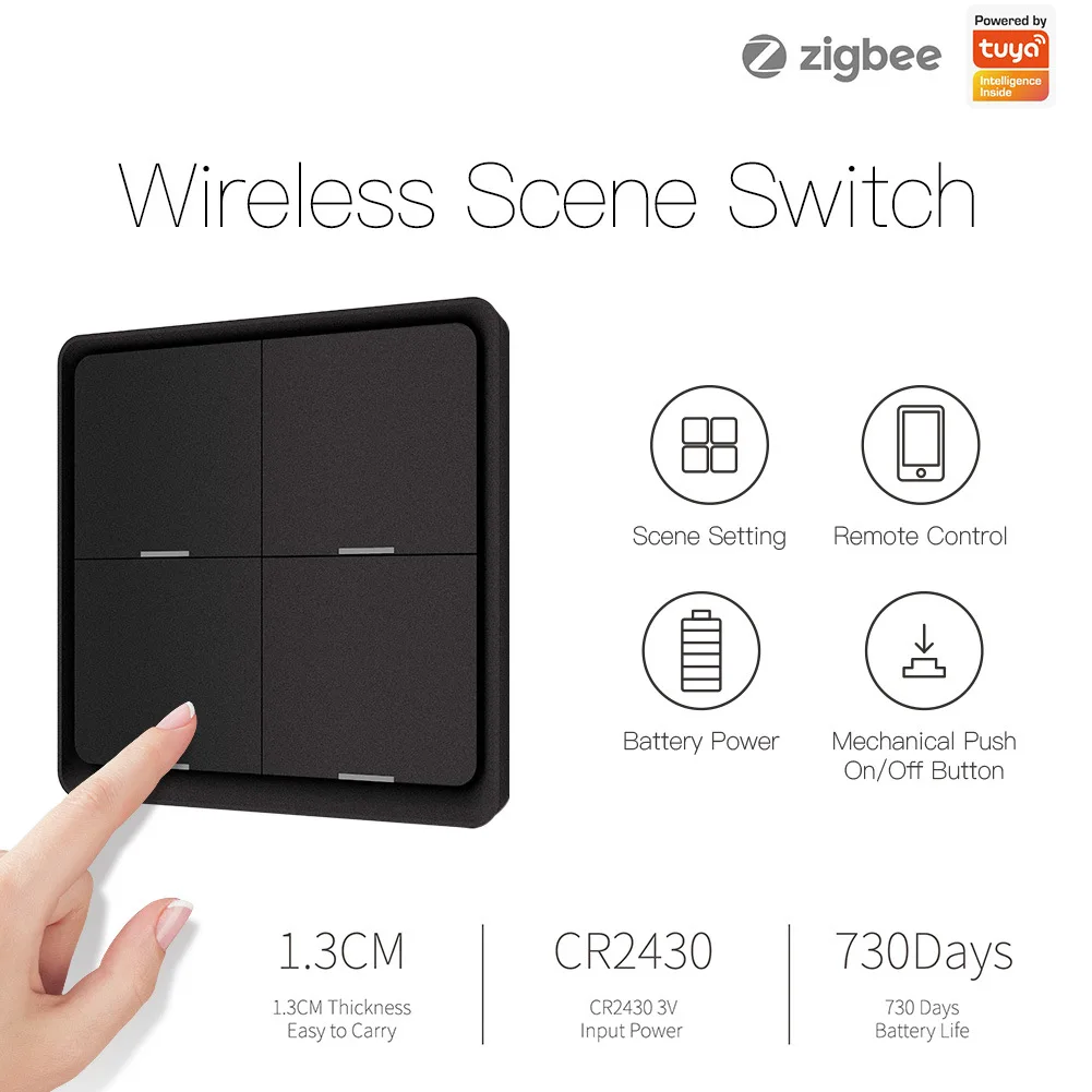 MOES-Wireless Push Button Controller, Battery Powered, Automation Scenario, Tuya Devices, ZigBee, 12 Scene, 4 Gang