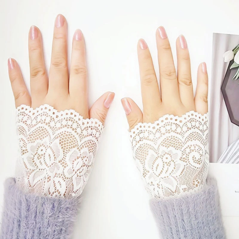 

Female Fake Sleeves Hollow Out Crochet Floral Lace Horn Cuffs Elastic Wrist Warmers Fingerless Gloves Sunscreen Arm Sleeves