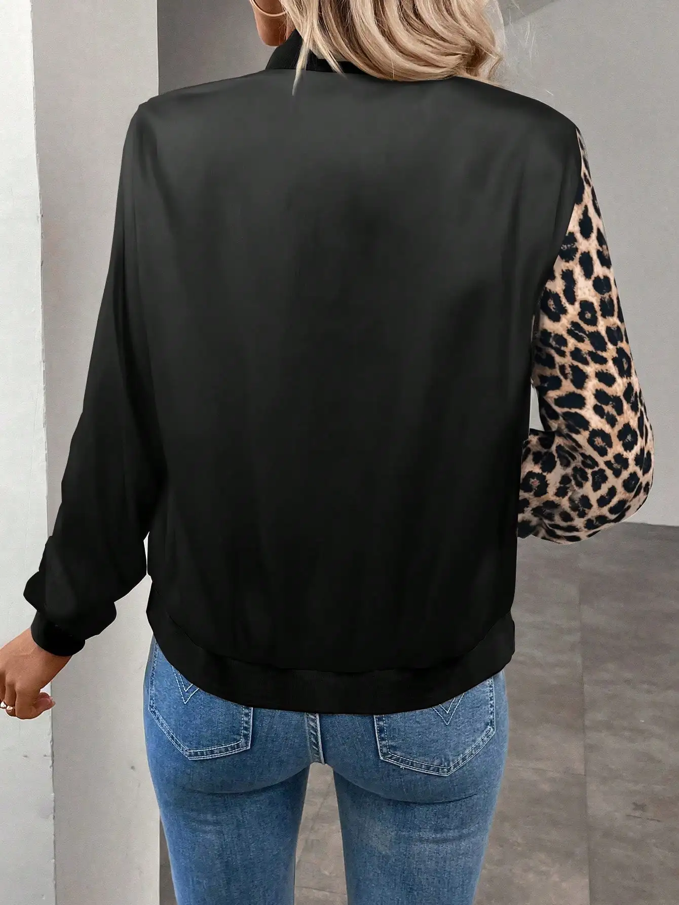Womens Leopard Print Long Sleeve Bomber Jacket Zip Up Solid Color Patchwork Casual Outerwear Lightweight Fall Coat