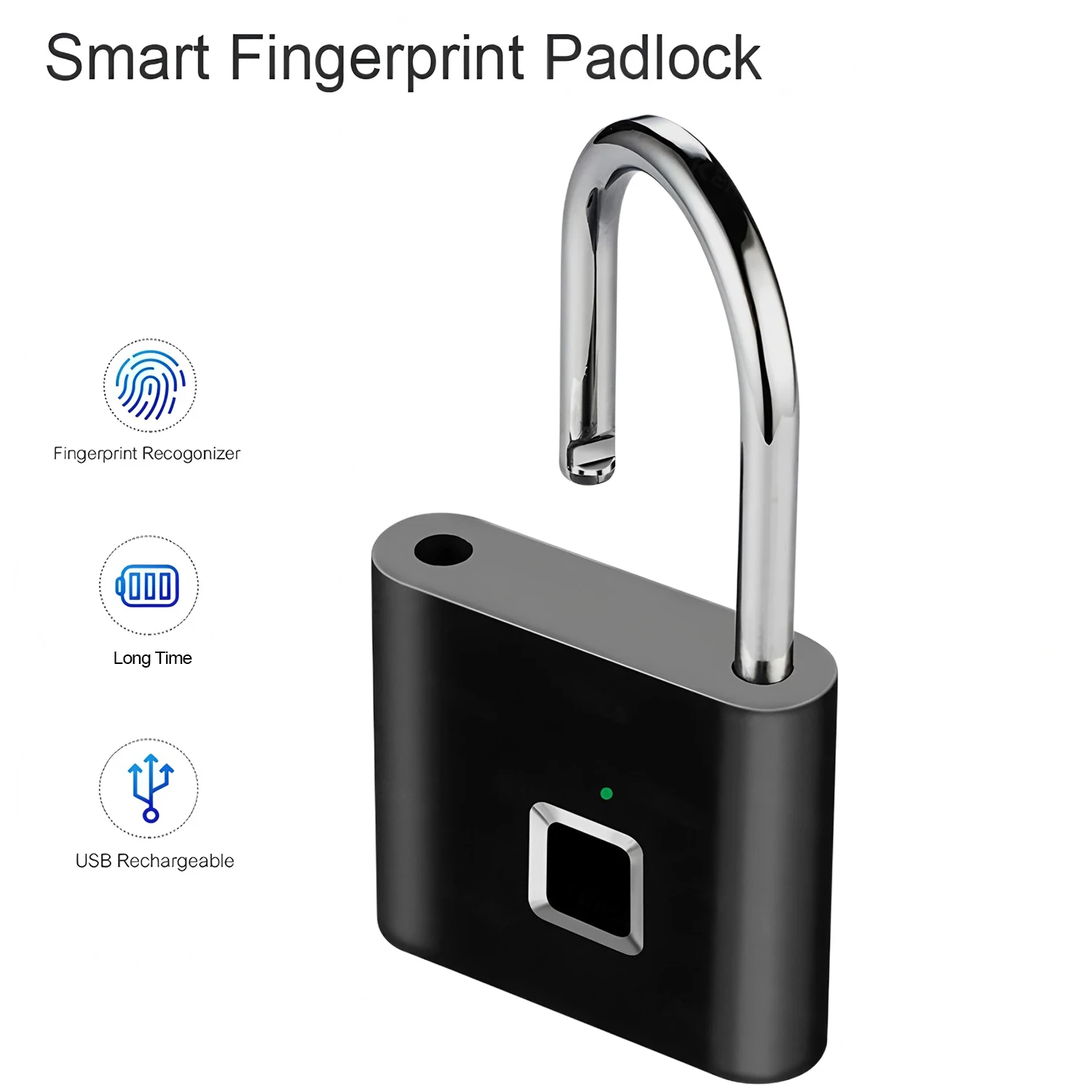 Keyless Door Lock Fingerprint Smart Padlock Quickly Unlock Zinc Alloy Metal Self-imaging Chip 10 Fingerprints USB Charging