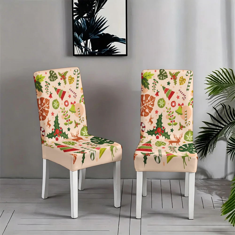 Christmas light orange base flat moose holly tropical leaf cane candy ball pattern printed elastic chair cover