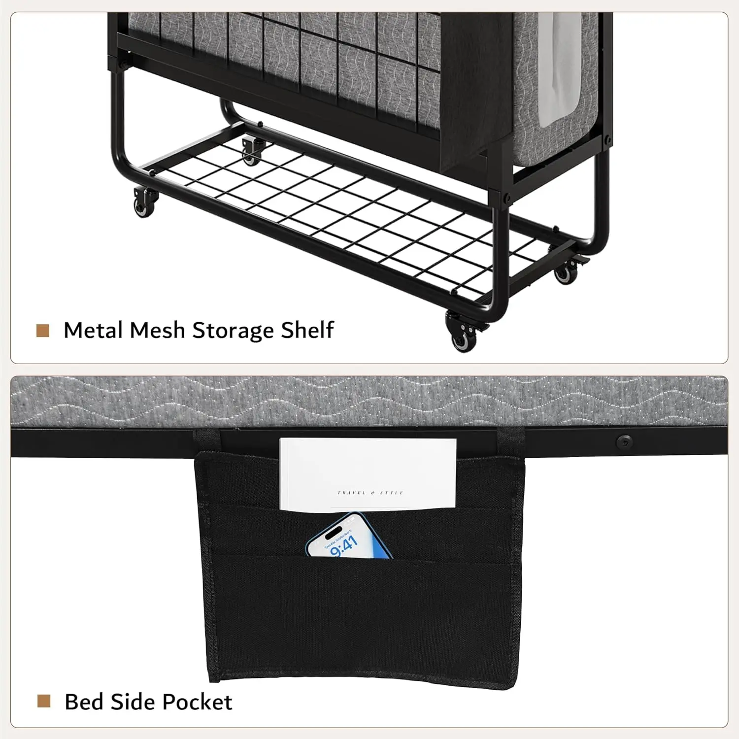 سرير قابل للطي مع مرتبة، سرير مزدوج قابل للطي مقاس 76 بوصة × 38 بوصة مع جيب جانبي ورف تخزين، سرير محمول قابل للطي للبالغين، قابل للطي #6