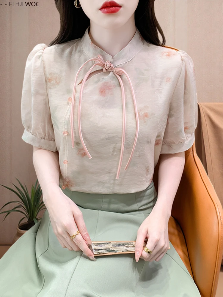 

Summer Chic Tops Blouses New Design Woman Cute Sweet Girls Floral Print Button Short Sleeve Retro Vintage Bow Tie Top