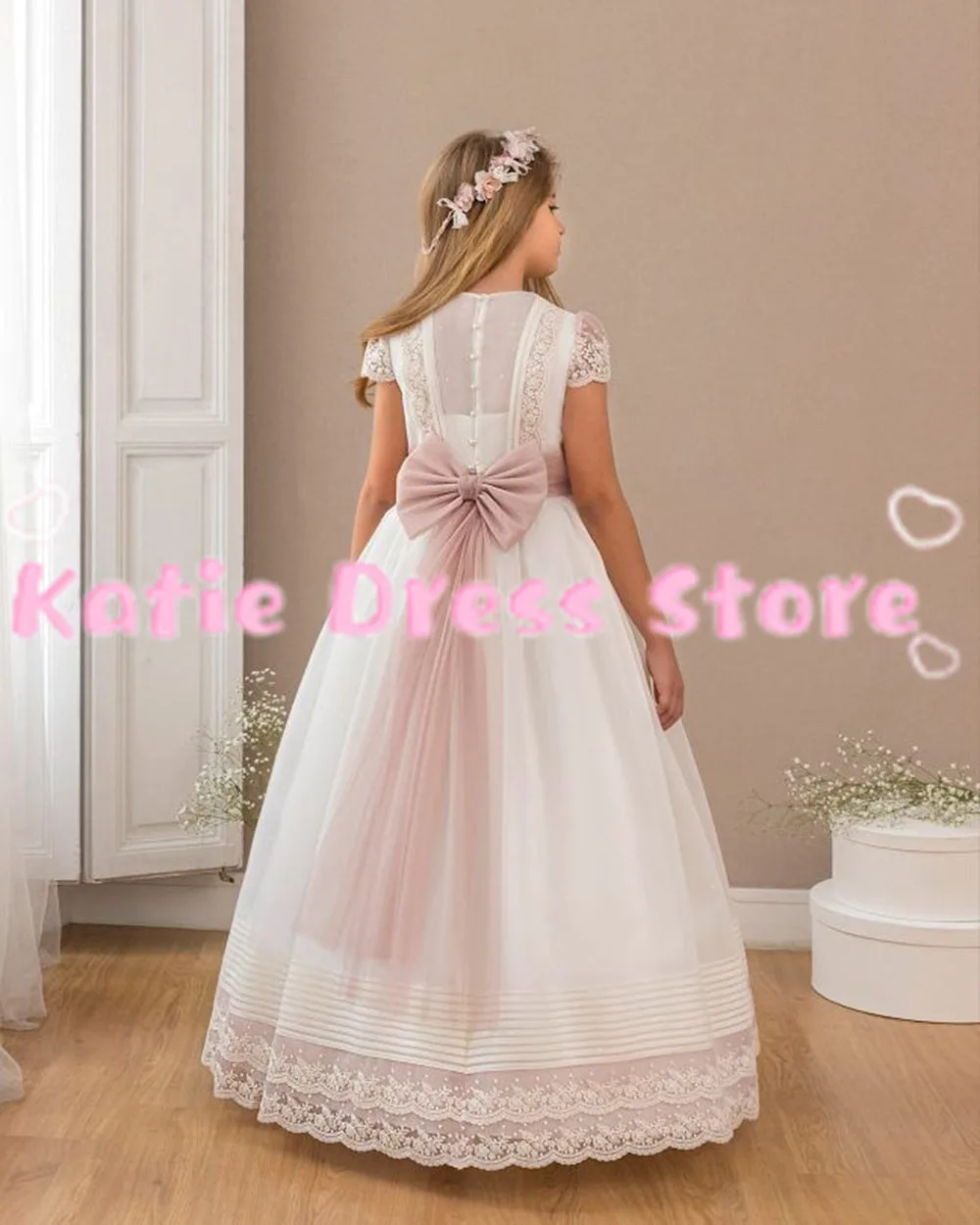 Customised Flower Girl Dress For Wedding Princess Lace Applique Puffy With Bow Kids Birthday Party First Communion Ball Gowns