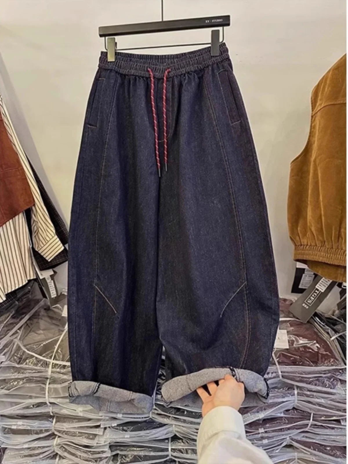 

plus Size 300 Pou Retro Elastic Waist Wide Leg Jeans Men's Casual Carrot Pants Winter Wear Youth Denim Jeans