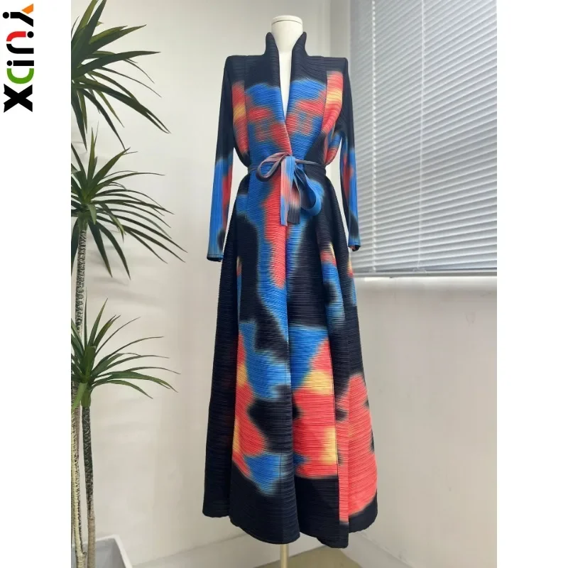 Miyake Plus Size Trench Pleated Autumn Winter 2023 New Long Jacket Versatile Long Sleeved Coat Cape Print Women Fashion Foreign