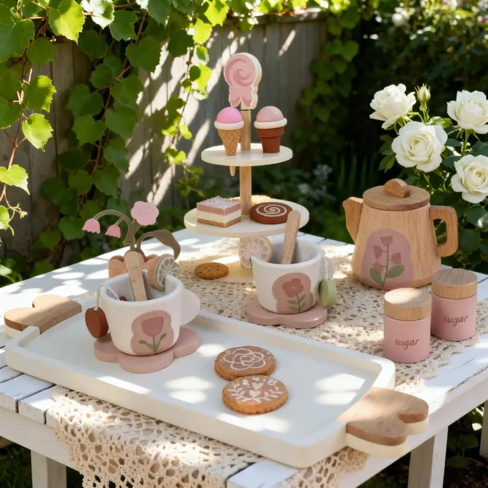 Houten Pretend Tea Party Set Dessert-speelset voor kinderen met theepot en servies Rollenspel Keukenspeelgoed voor jongens en meisjes