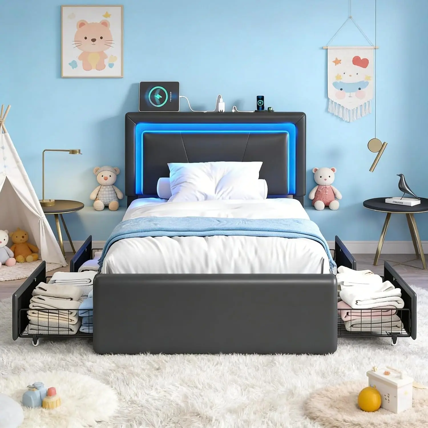 

Twin Size Bed Frame with 4 Storage Drawers Charging Station and LED Light Adjustable Upholstered Headboard Noise Free No Box