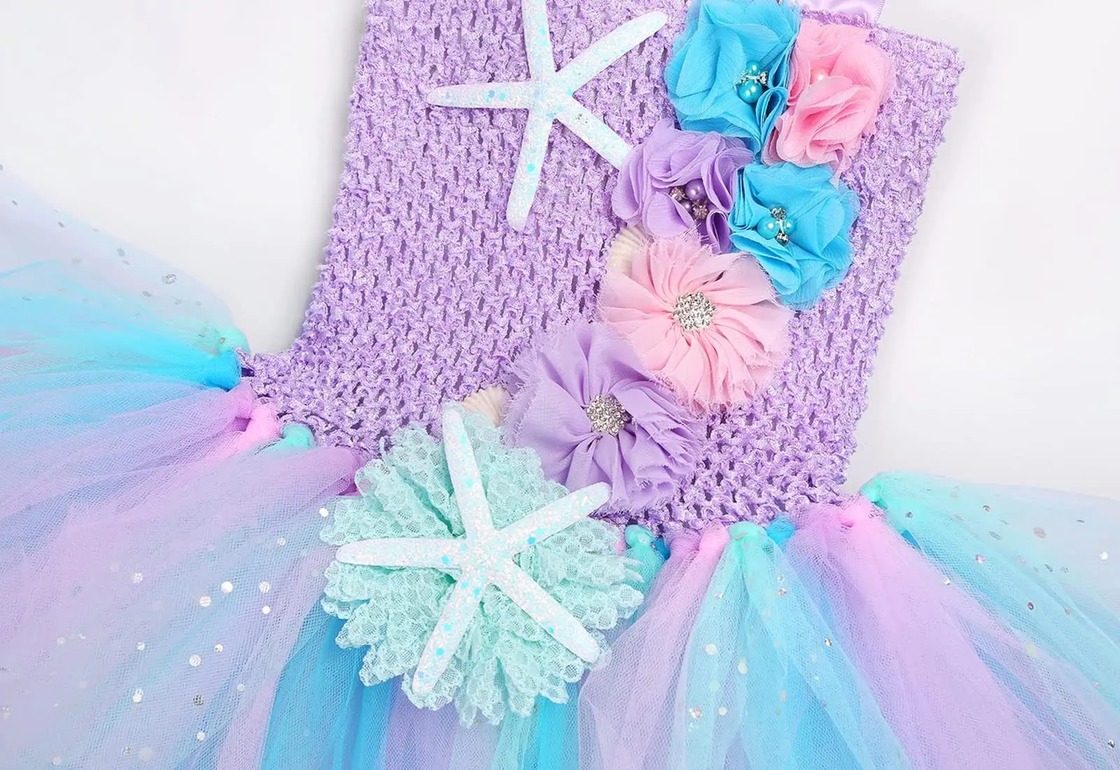 Pricness Girls Mermaid Tutu Dresses with LED Lights Sea Theme Party Starfish Ariel Cosplay Costumes Purple Ball Gown Dress