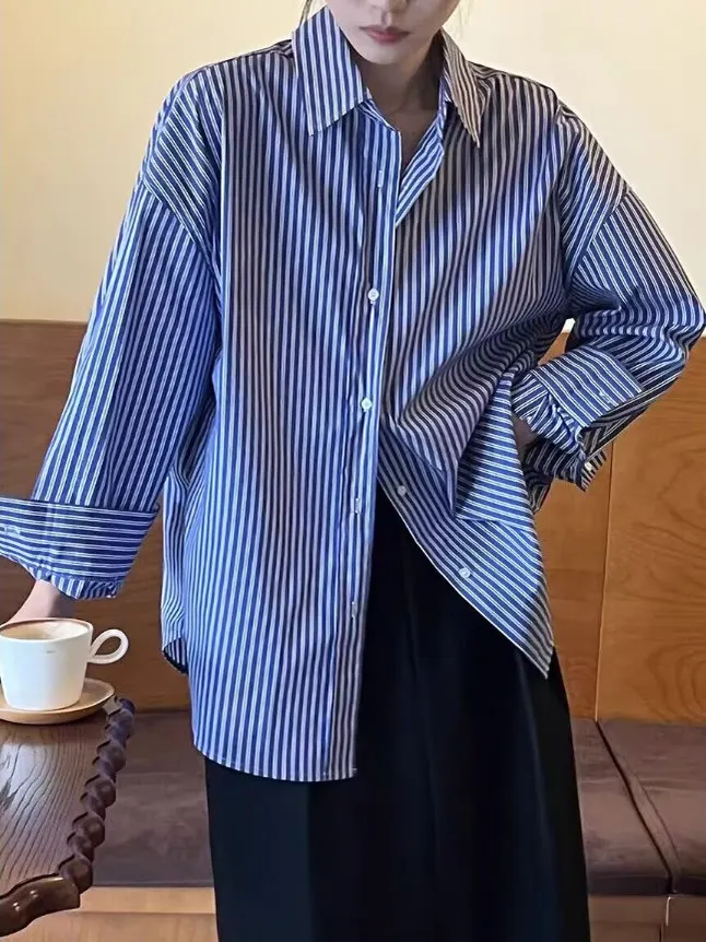 Retro Striped Long Sve  Ne irt Women's Spring Autumn Loose Fit Faionable Versatile Top Breathable Comfortable Sk...