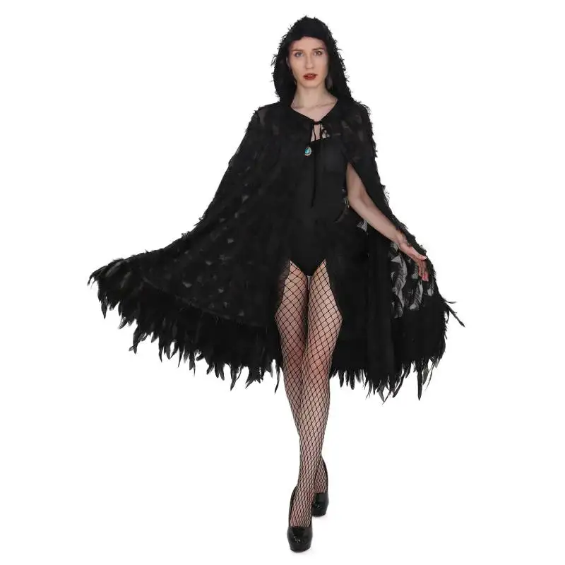 

DAZCOS 24Hours Shipping Cloak with Feather Hem Women's Gothic Hooded Cloak with Feather Hem Vampire Witch Cape for Halloween