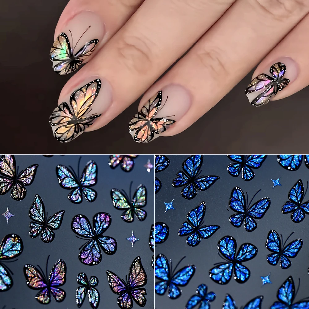 1 Stück 5D Traumhafte Laser-Glitzer-Schmetterling-Nagelaufkleber Glänzende Holographische Blaue Schmetterling-Nagelsticker Selbstklebende Maniküre-Zubehör – Detail 3