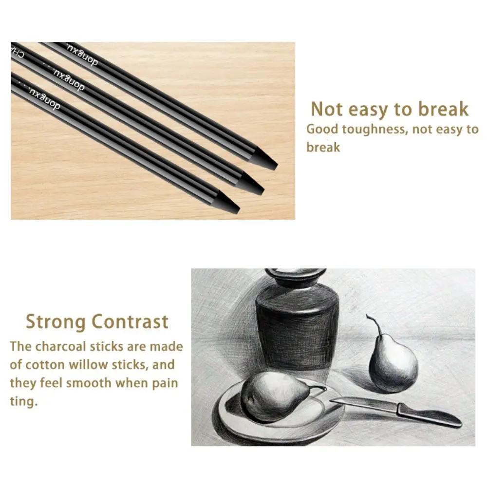 Lápis de carvão preto durável solúvel em água, Soft Medium Hard Charcoal Stick, Pacote misto, Esboço fácil de colorir, 6pcs