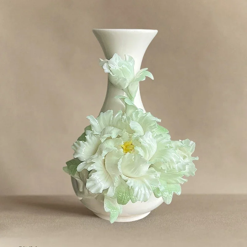 New Chinese High-end Hand-pinched Flower Ceramic Lavender Peony Vase Gift New Year's Gift Home Decoration Vase