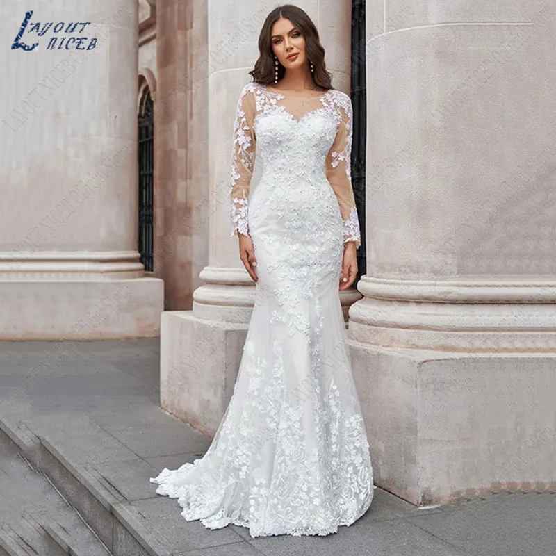 Свадебное платье-Русалка с длинным рукавом, кружевное Русалка Приложение Wedding Dresses For Bridal Длинные рукава Lace Vestidos De Noiva Свадьба Иллюзия Свадьба Свадьба