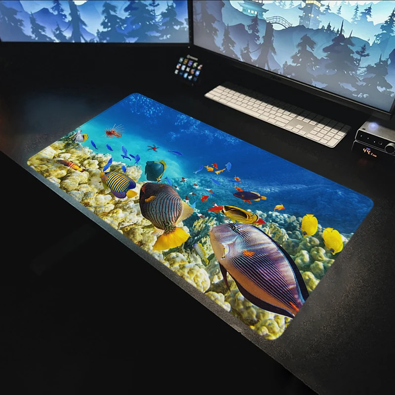 Fishes Mousepad Underwater World Non-slip Deep Submarine Carpet Keyboard Mat Mouse Pad Large Desk Mat Edge Stitched PC Accessory