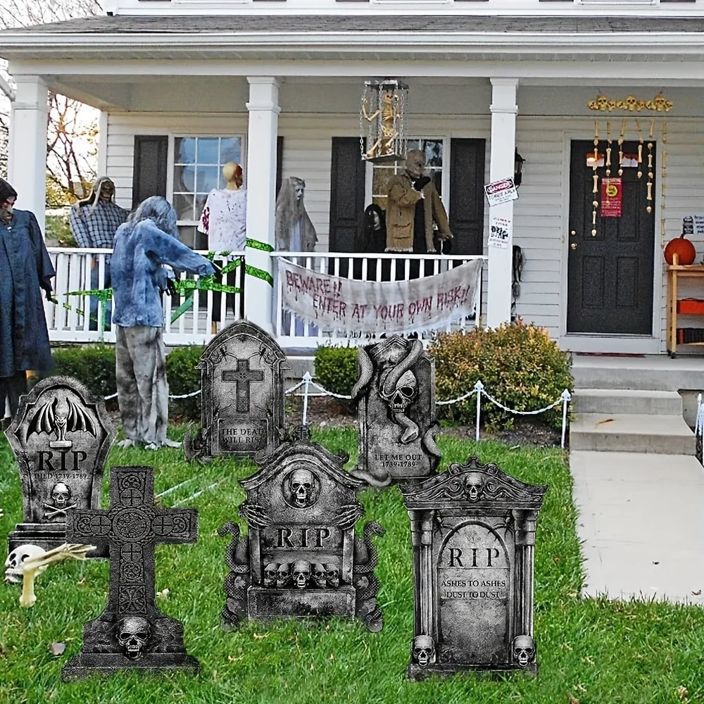 Set di lapidi realistiche per Halloween, complete di picchetti, ideale come decorazione spaventosa per il cortile di una casa infestata, perfetto per creare un’atmosfera inquietante con scheletri e