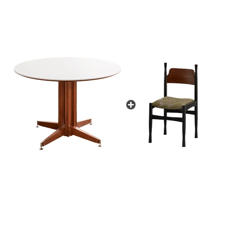 

Medieval rock slab dining table Solid wood retro round table Household small apartment dining table French round dining