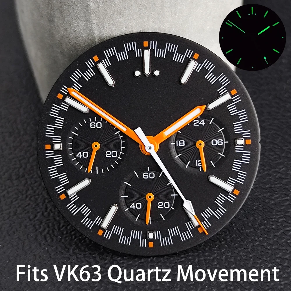 VK63 Zifferblatt/Zeiger passend für VK63 Quarzwerk Herrenuhr Zubehör Ersatz grün leuchtendes Kalenderfenster VK63 Zeiger – Detail 2