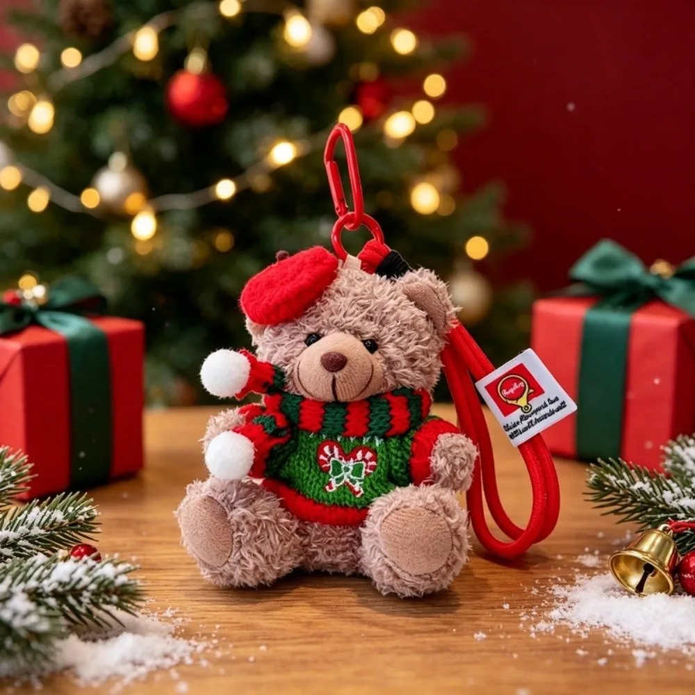 Red Beret Plush Bear Keychain Knitted Sweater Mini Size Christmas Bear Pendant Durable Creative Design Xmas Tree Bauble