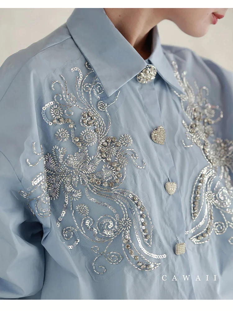 Heavy Nail Beaded Female OL Shirts Exquisite Buttons Long Sleeve Blouse Fashion Casual Oversize Tops Shirts 2024 New Blue Shirts