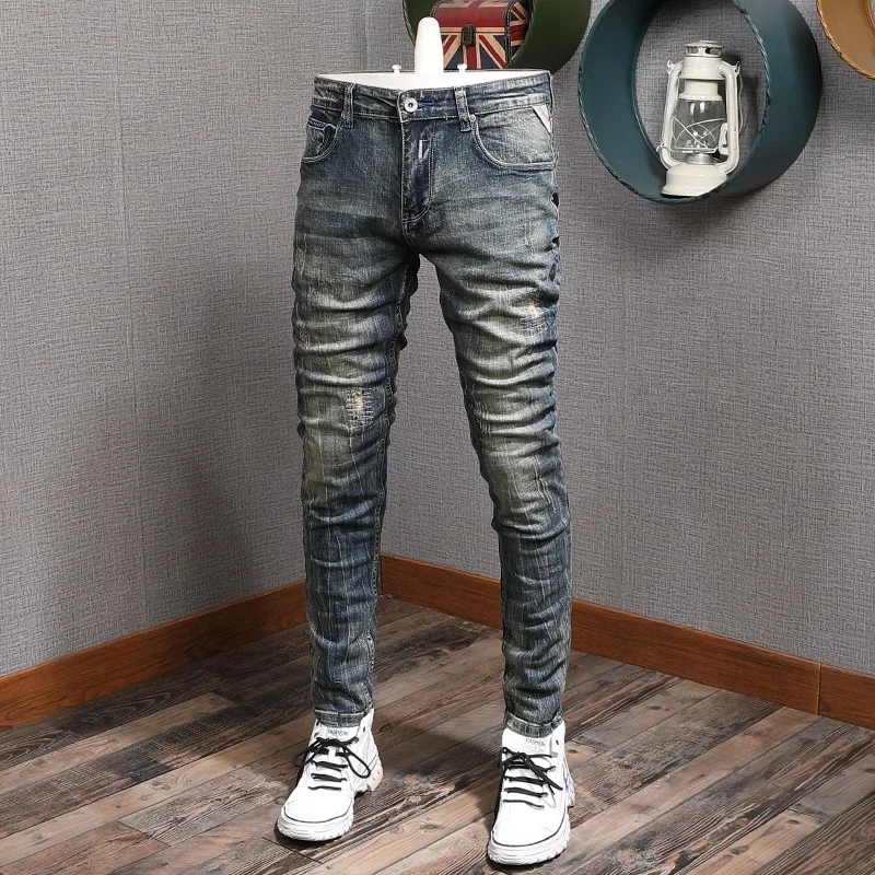 Italian Style Stretch Slim Fit Men's Jeans Nostalgic Washed Blue Straight Leg Pants Y2K Fashion Trend
