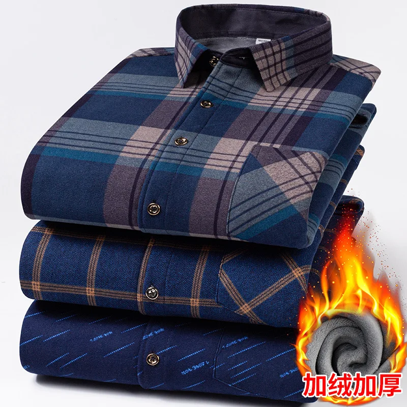 Men's fleece thickened plaid anti-wrinkle winter office double-sided fleece high-quality warm clothes with extra size shirt's