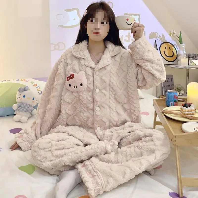 Sanrio Kit Girl Flannel Flip Collar Keep Warm Long Sleeves Pajama Set Winter Kawaii My Melody Comic Thickening Home Clothes New