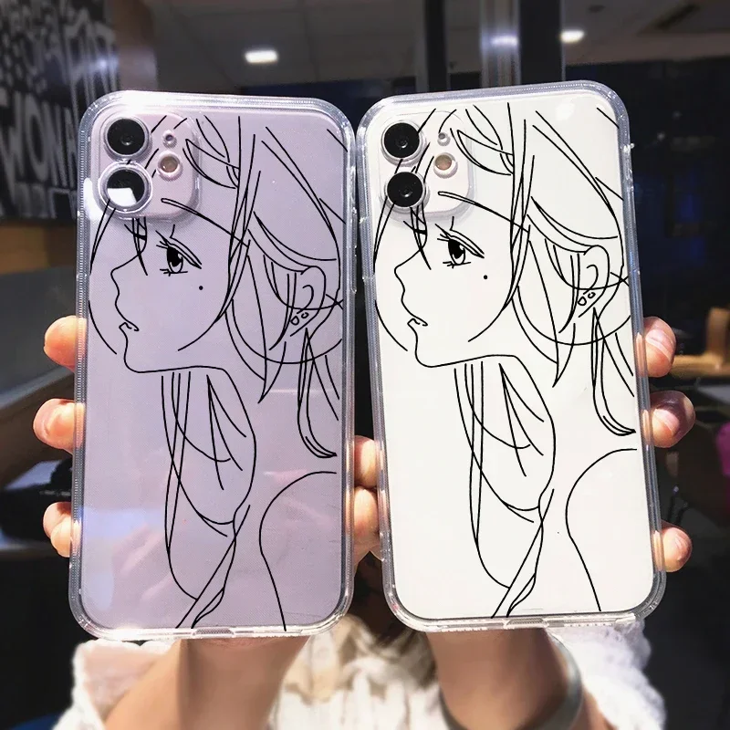 Cute Anime Girl Face Phone Case For iPhone XR 15 12 11 14Pro X MAX 13 7 8 Plus Abstract Art Line Clear Soft TPU Cover Coque Bag