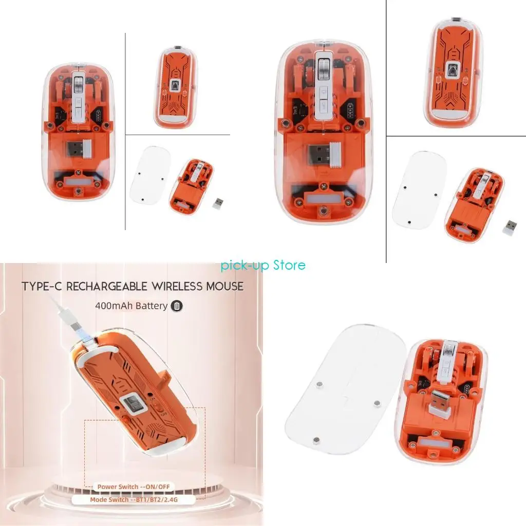 

Q5WA Wireless Mouse Transparent Top Cover BT1+BT2+2.4Ghz ThreeModes Silent Rechargeable for Laptop Computer 2400DPI