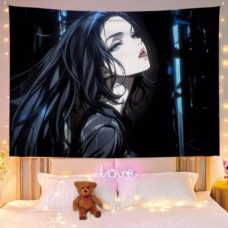 VIKAMA Black White Line Drawing Anime Girl Bangs Tapestry Home Art Piece Wall Decor Bedroom Dorm Gothic Cool Soft Durable Cozy