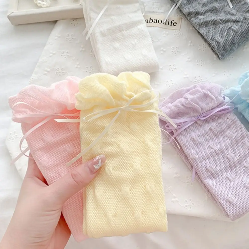 

Cute Sweet Children Mid-Tube Hosiery Ribbon Bow Thin Lolita Lace Stockings Solid Color Princess Balletcore Socks Outdoor