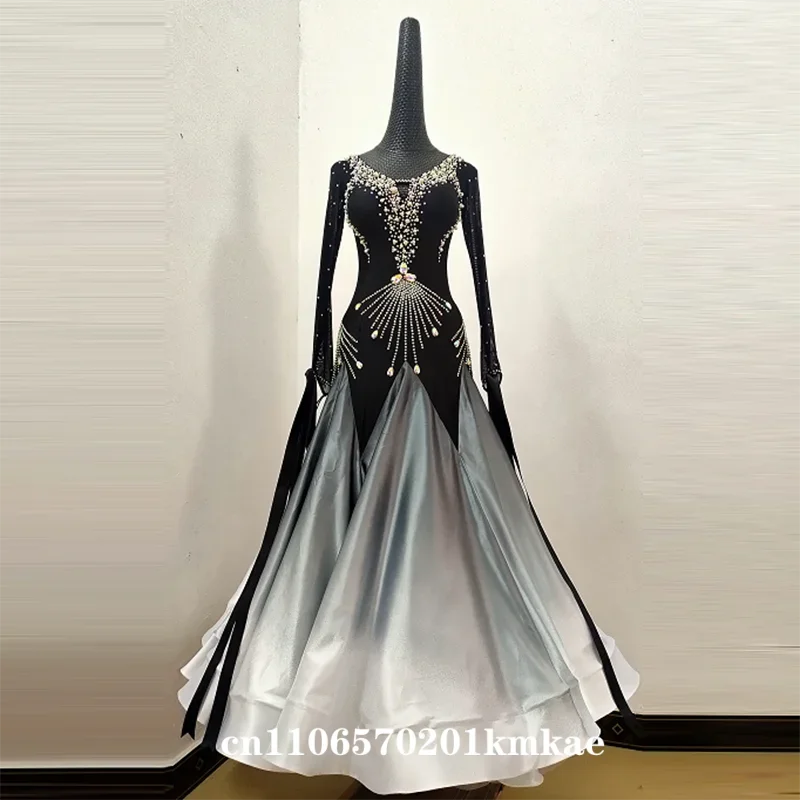 Elegant Black-to-White Gradient Standard Ballroom Dance Dress, Rhinestone Studded Long Sleeve, Flowy Skirt for Tango Waltz Compe