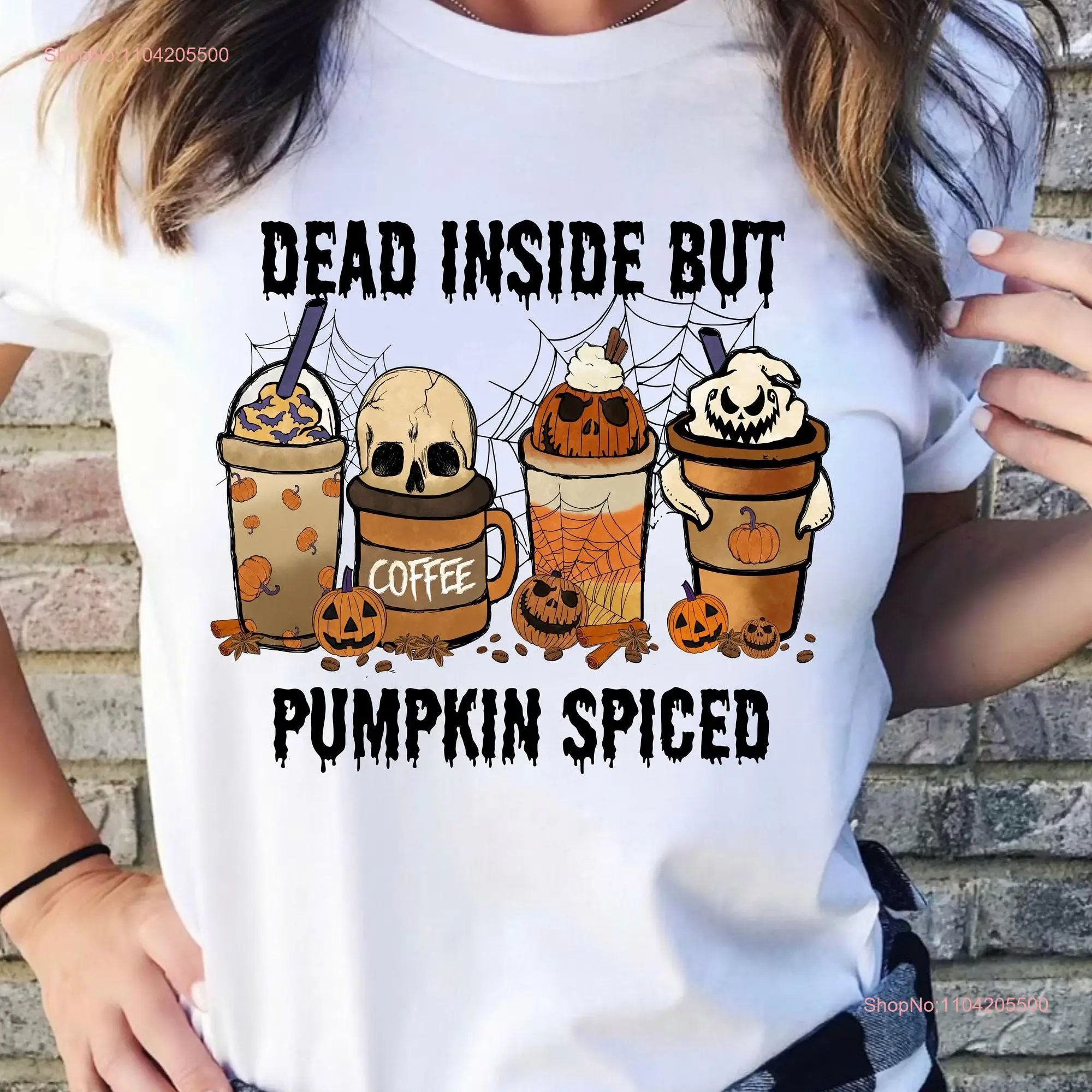 Dead Inside But Pumpkin Spiced T Shirt Spooky Halloween Skull Ghost Coffee long or short sleeves