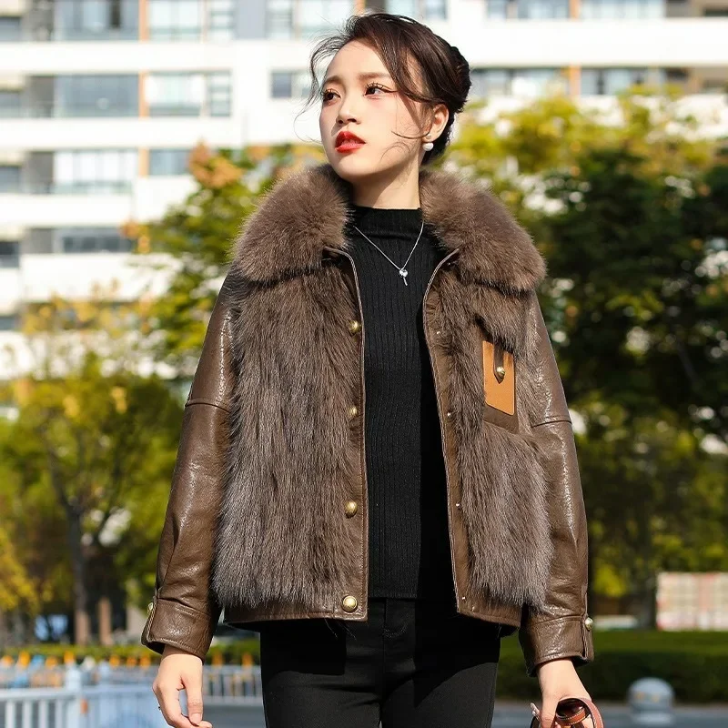 2023 Winter New Haining Short Fox Fur Grass Coat Women's Leather Coat Fur One Piece Warm and Thickened Upscale Fashion Cozy Coat