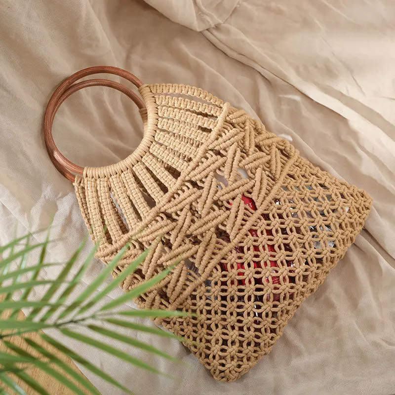 New Wooden Handle Rattan Handle Brown Beige Hollow Handmade Cotton Rope Woven Bag Seaside Holiday Forest Handbag for Women