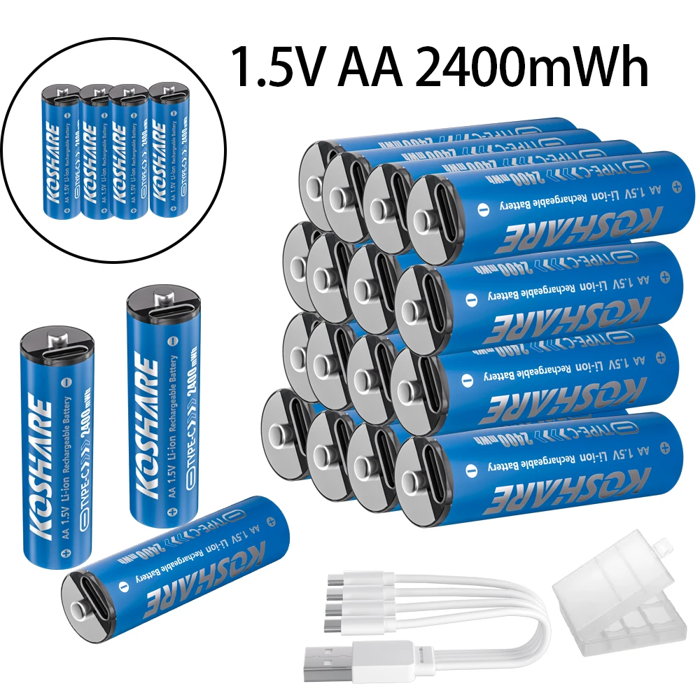 KOSHARE AA 1.5V Li-ion Rechargeable Batteries 2400mWh Type-C Lithium AA Battery For emote control mouse Electric + Type-C Cable