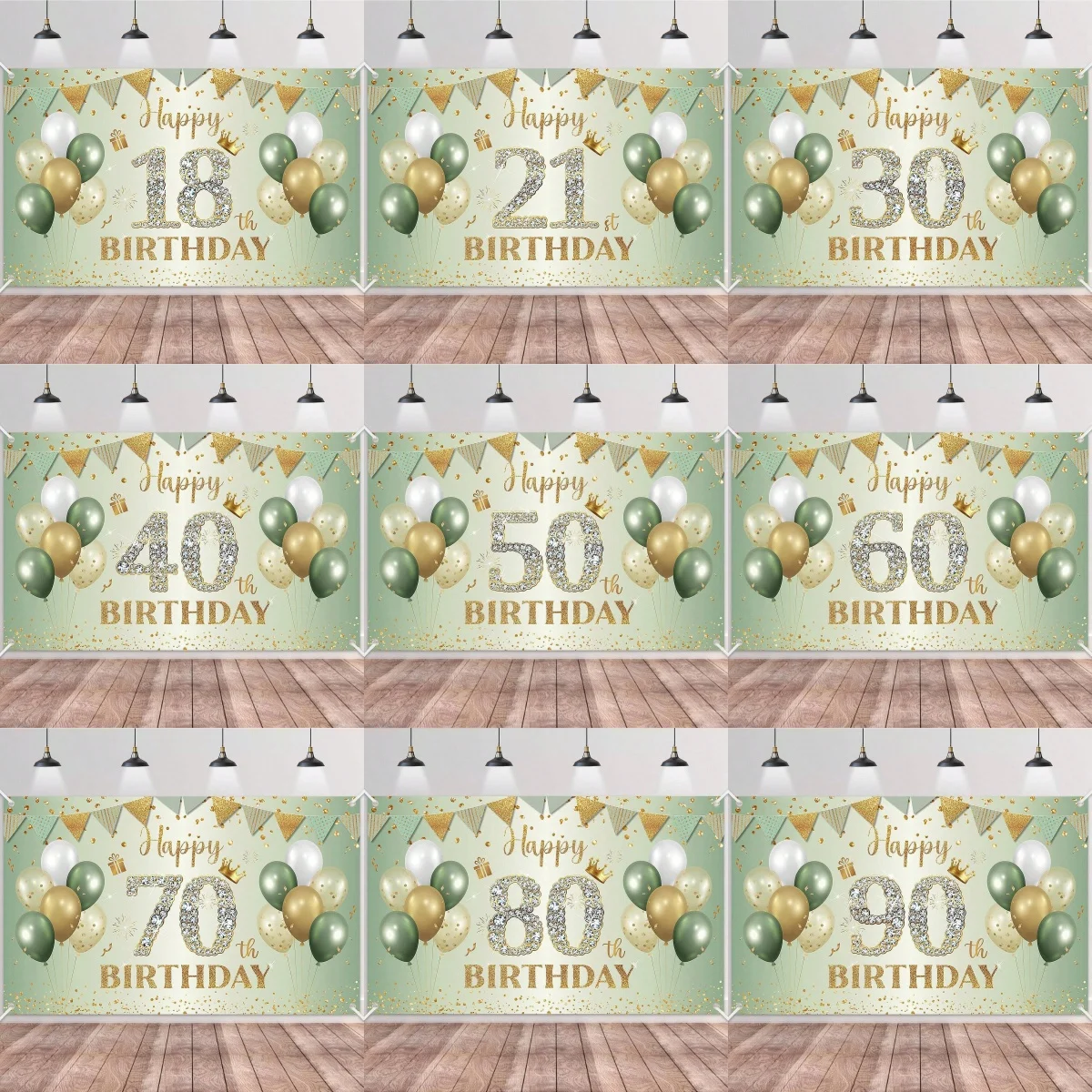 Salbeigrüner Goldener Geburtstags-Hintergrund mit Diamant-Ballonmuster aus Polyester für Geburtstagsfeier-Dekoration & Fotokabinen-Requisiten – Detail 2