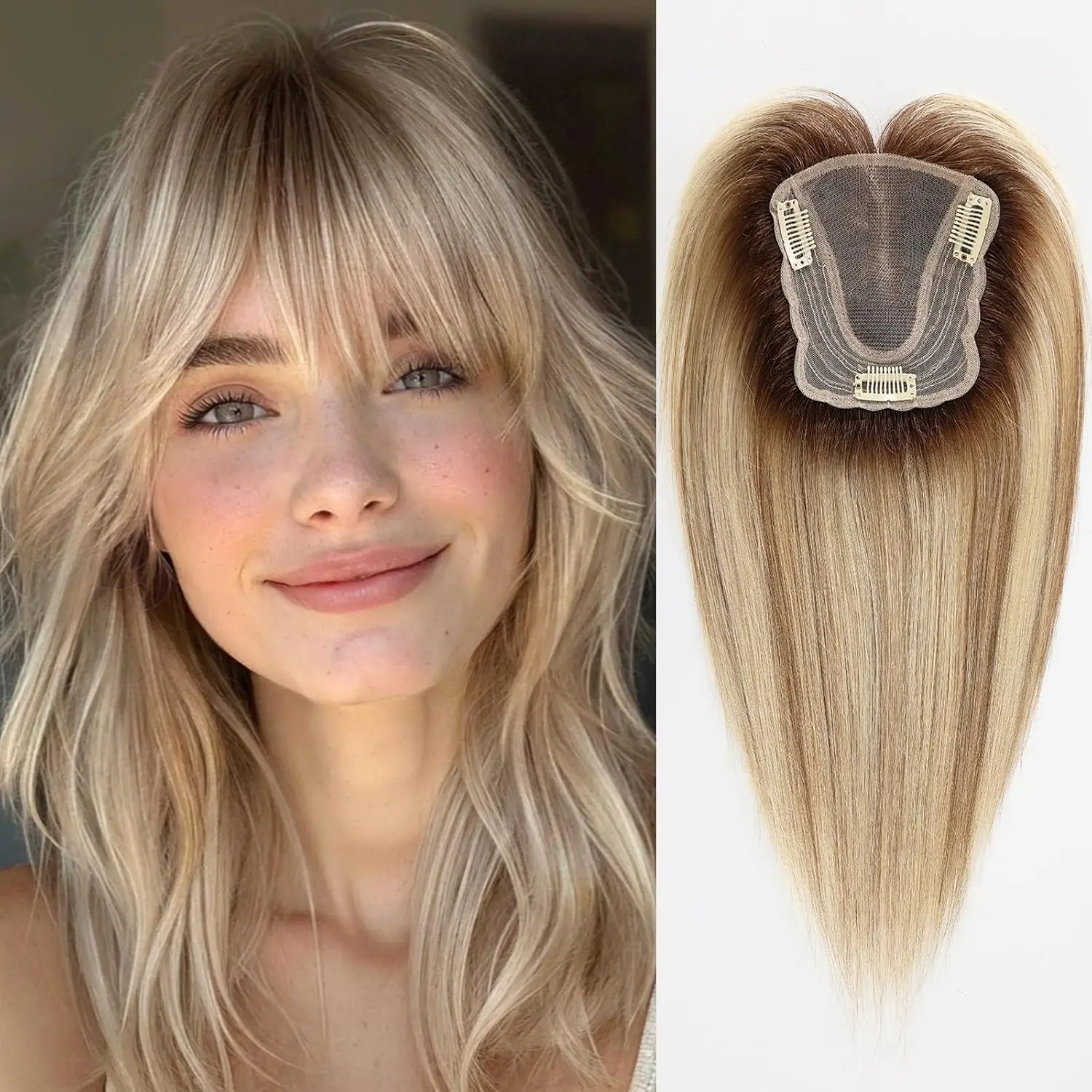 Brown Blonde Highlight Human Hair Toppers with Bangs 12inch Swiss Lace Real Hair Topper Natural Hairpieces for Women Hair Loss