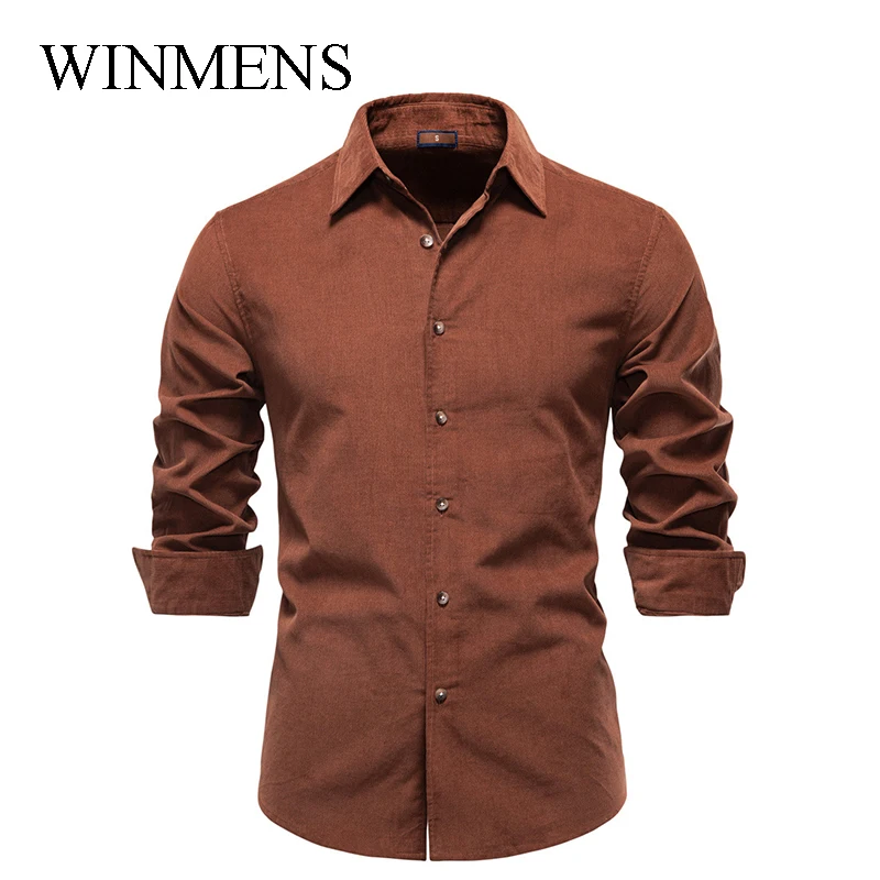 

Мужские однотонные рубашки с длинными рукавами, осень-зима 202, топы с отложным воротником, вельветовая хлопковая мужская деловая повседневная рубашка
